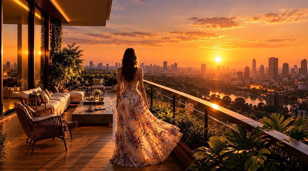 Resident on a landscaped balcony overlooking the city skyline at sunset