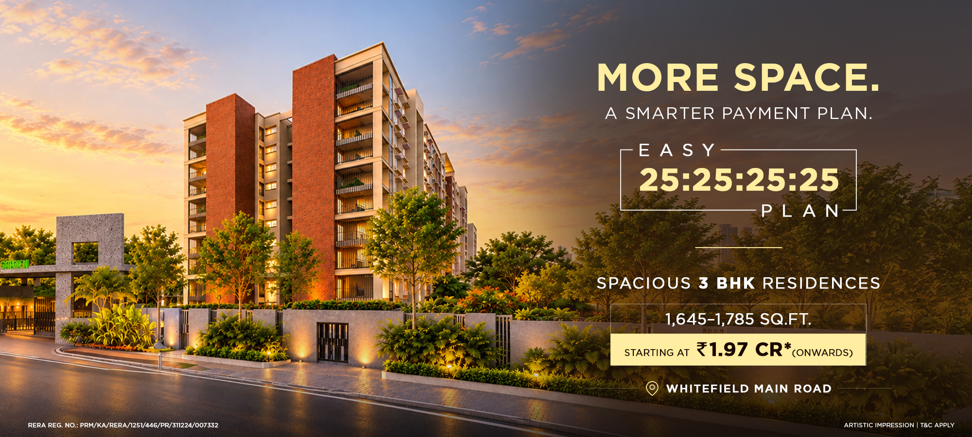 Lorven Cascade Garden, Whitefield Main Road: expansive 3 BHK residences, 1,645 - 1,785 sq.ft., starting from ₹1.97 Cr*, easy payment plan 25:25:25:25