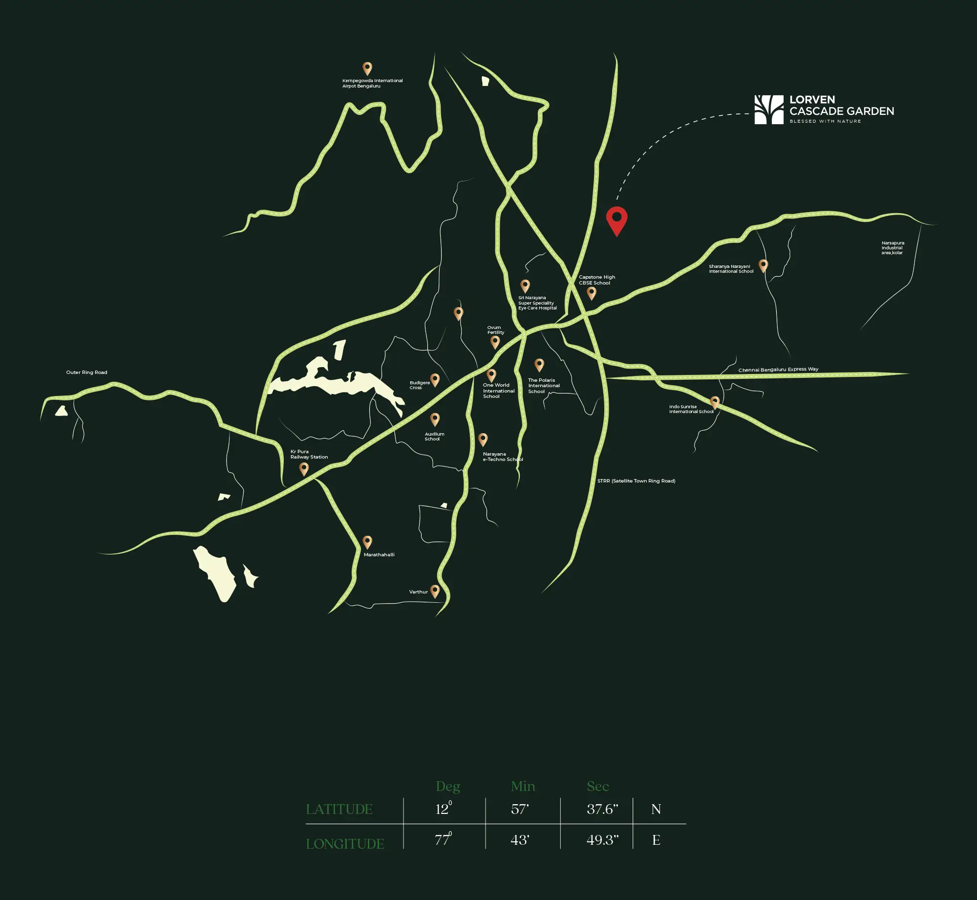 Lorven Cascade Garden location map, Whitefield, Bangalore